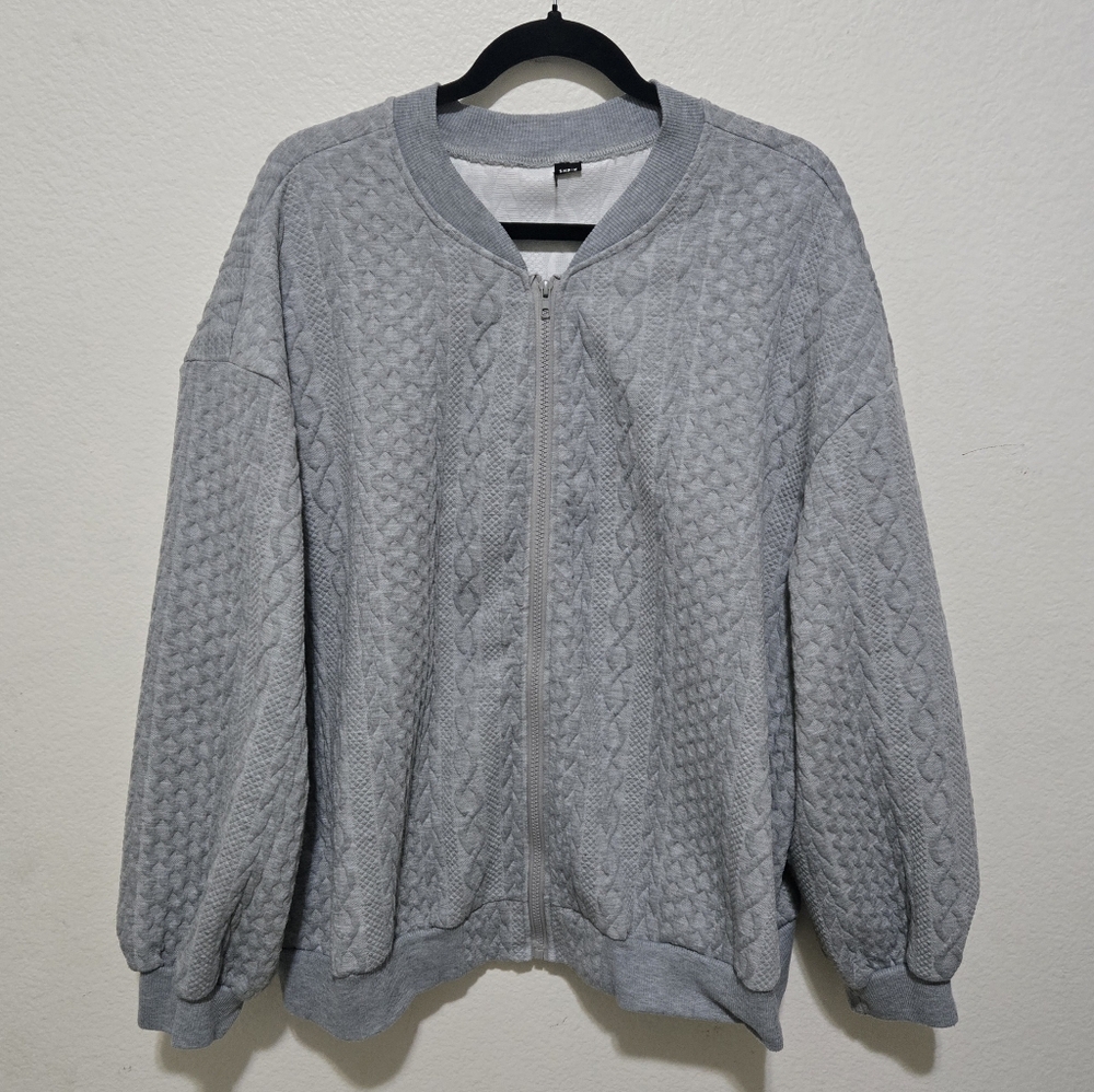 Cozy Gray Textured Zip-Up Sweater Bomber Jacket Size XXL - Picture 14 of 14